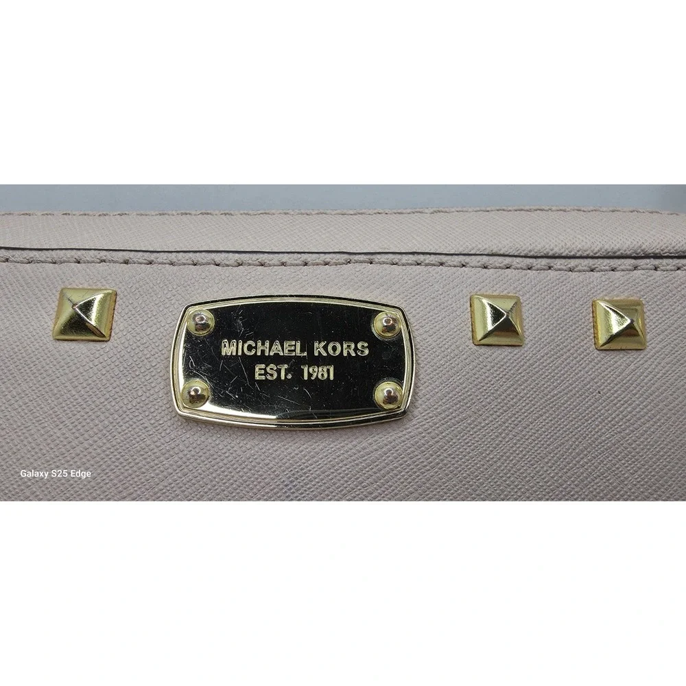 Michael Kors Pink Saffiano Leather Studded Crossbody Bag Gold Tone Hardware
